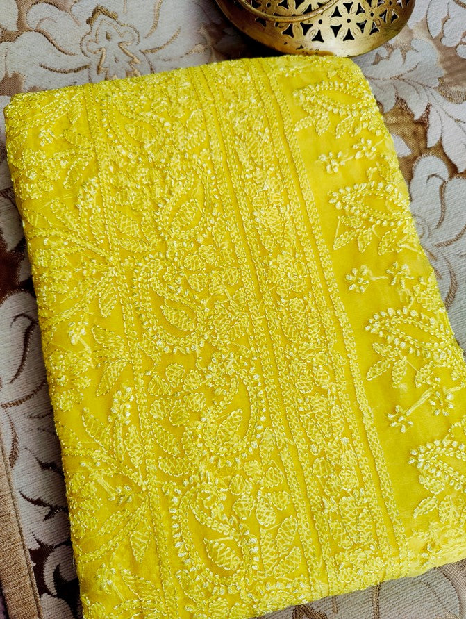 Yellow Organza Authentic Chikankari Saree | Hastweave