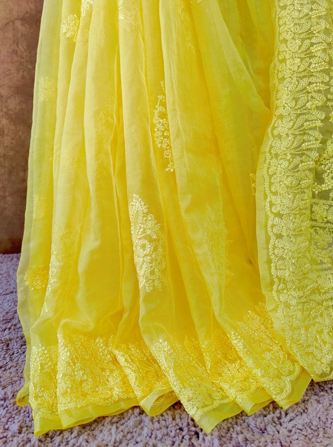 Yellow Organza Chikankari Saree | Hastweave