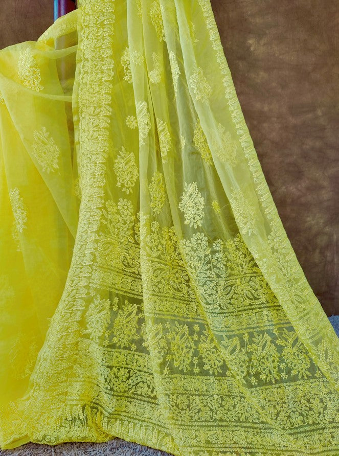 Yellow Organza Chikankari Saree for girls and women | Hastweave