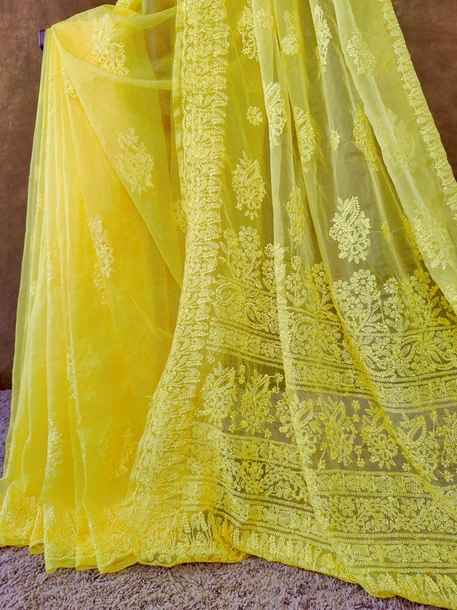 Yellow Organza Chikankari Saree Amazing Handwork  | Hastweave