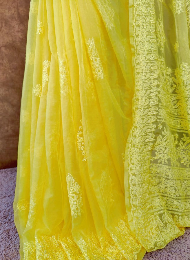 Yellow Organza Chikankari Saree - Pleats | Hastweave