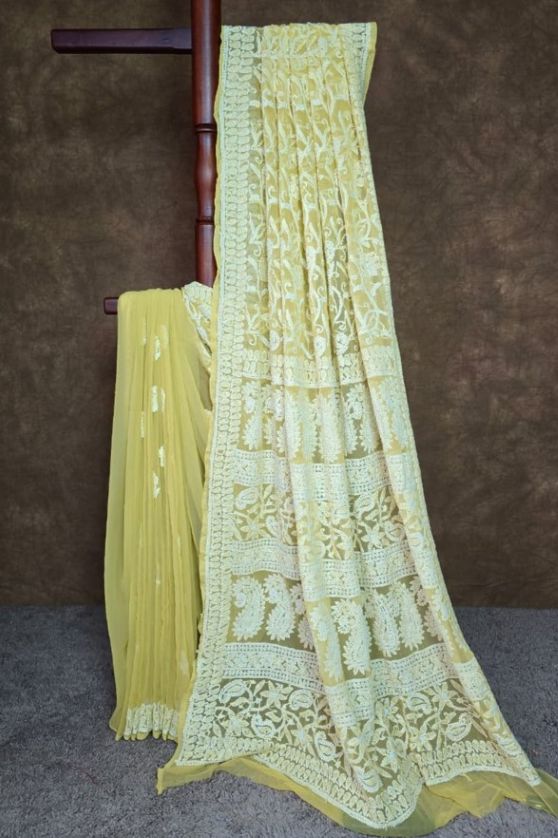 Yellowish Green Chikankari Saree Worth Adding to Your Collection