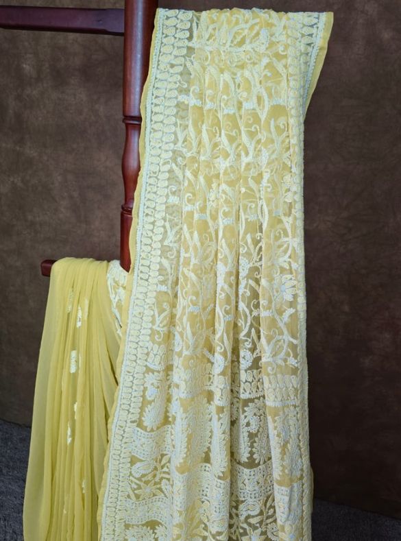 Yellowish Green Chikankari Saree Worth Adding to Your Collection