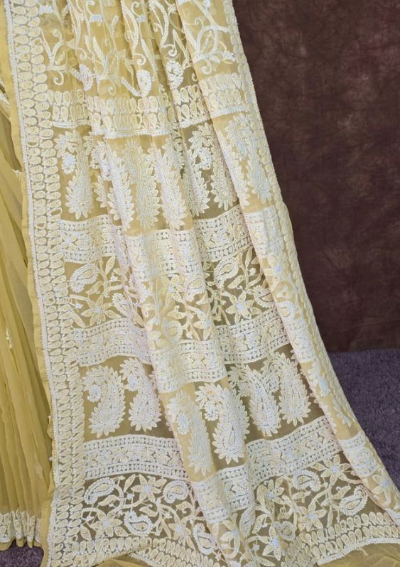 Yellowish Green Chikankari Saree Worth Adding to Your Collection