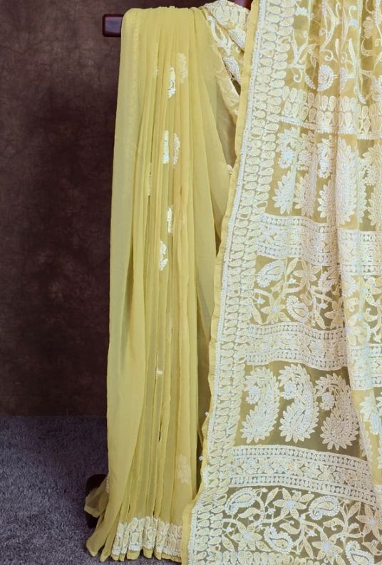 Yellowish Green Chikankari Saree Worth Adding to Your Collection