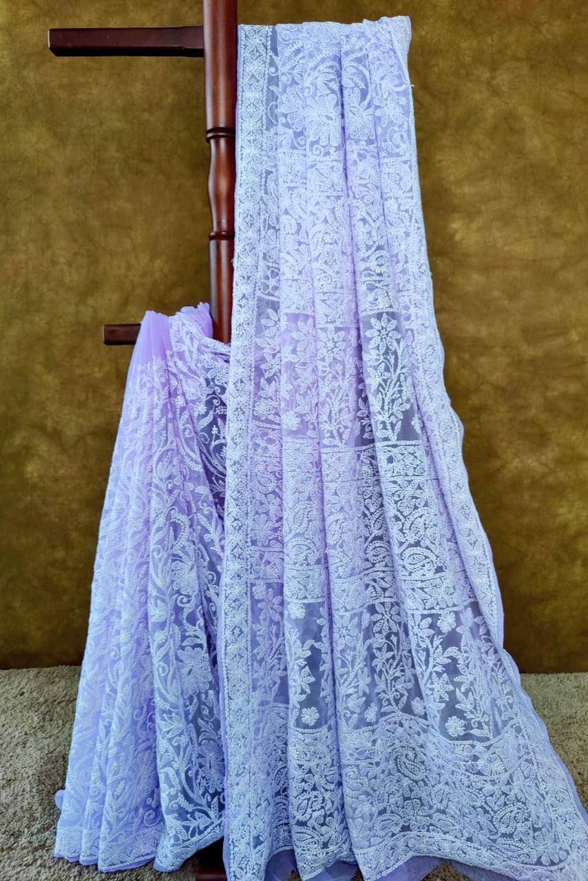 Lavender Chiffon Chikankari Saree with Full Jaal White Thread Work