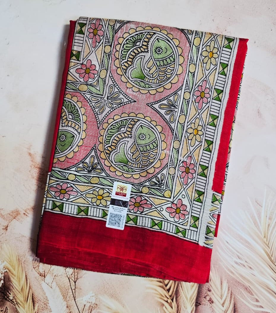 Vibrant Red Handloom Silk Saree with Artistic Hand-Painted Detailing