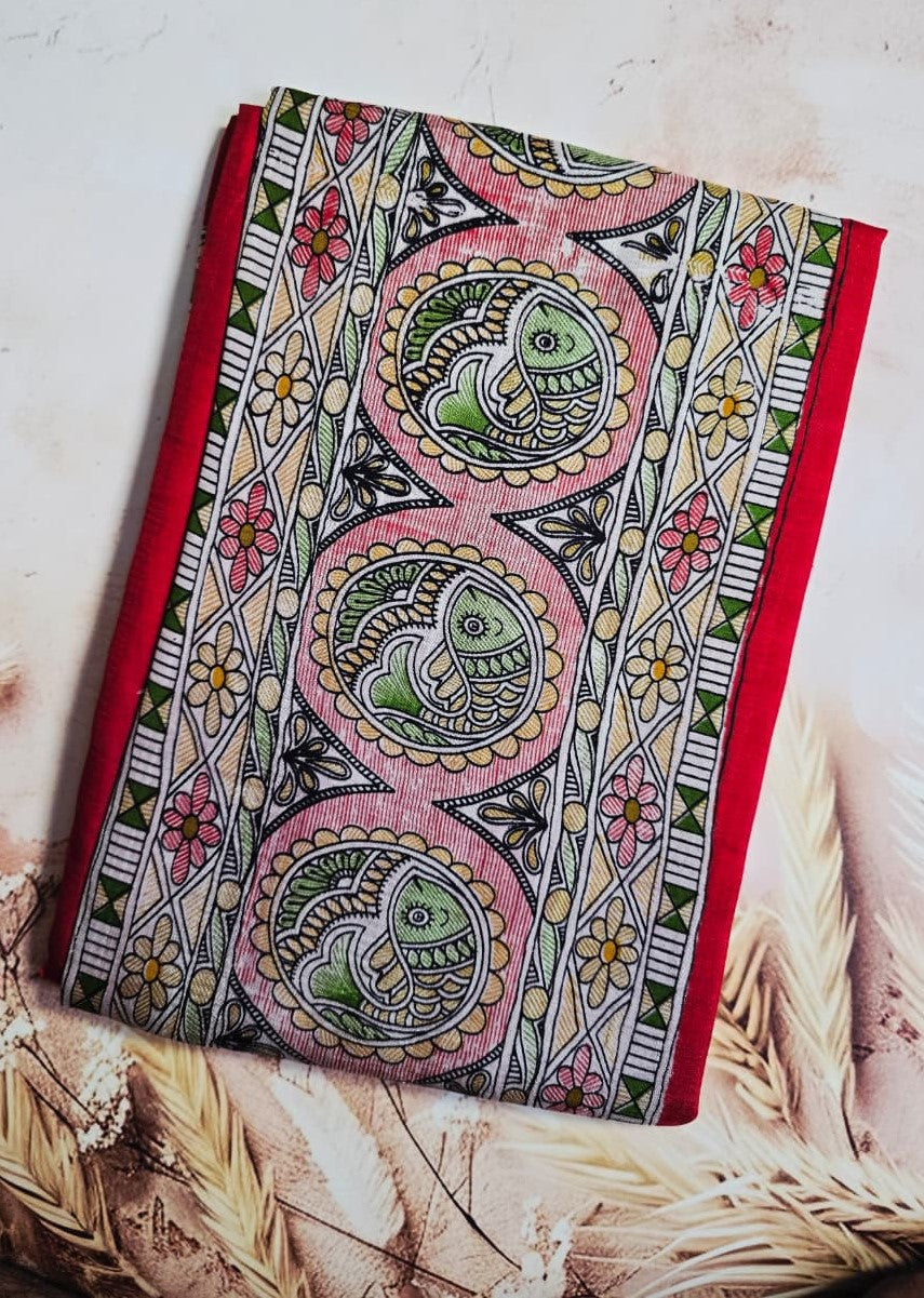 Vibrant Red Handloom Silk Saree with Artistic Hand-Painted Detailing