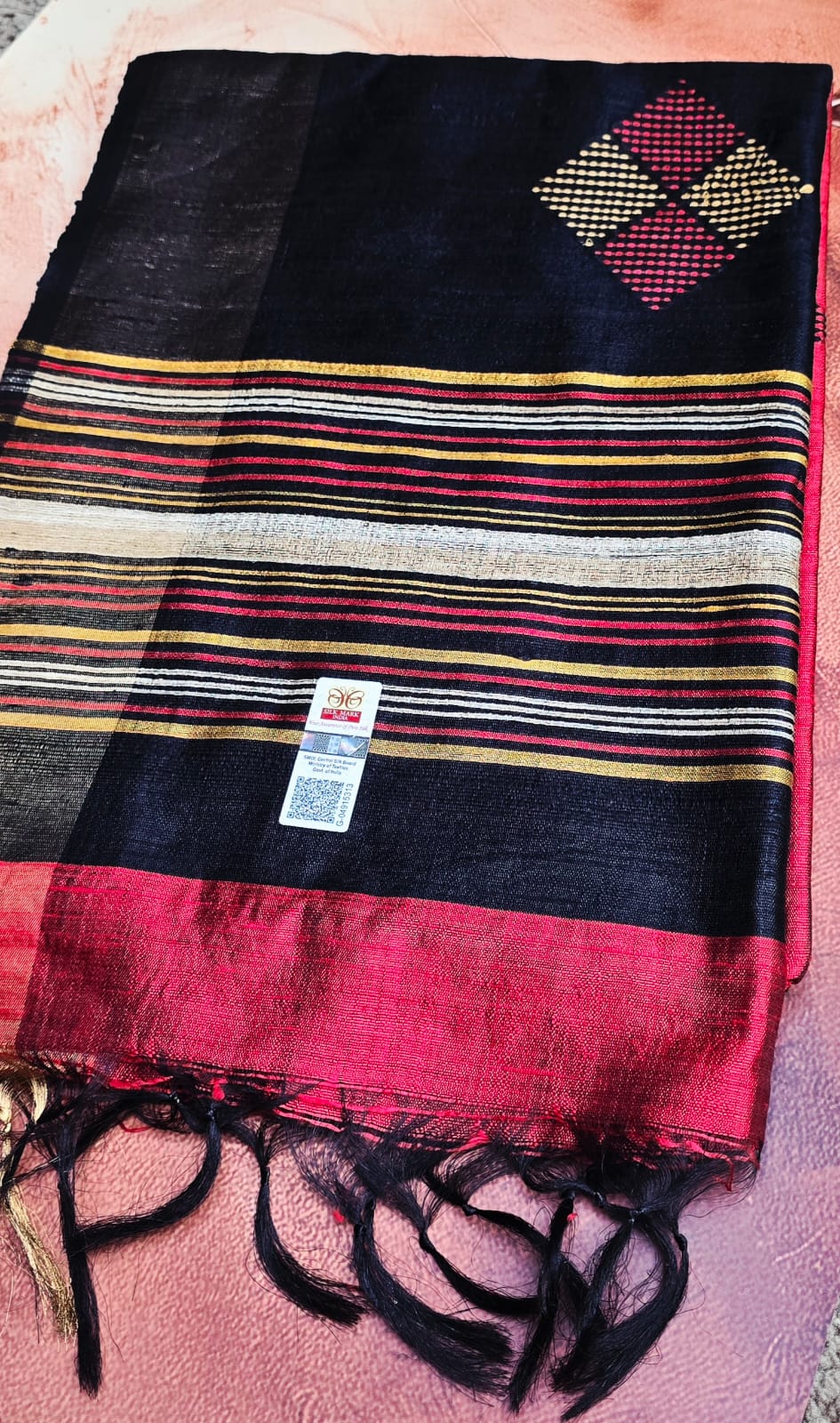 Handloom Silk Saree in Rich Red & Black with Intricate Hand Thread Work