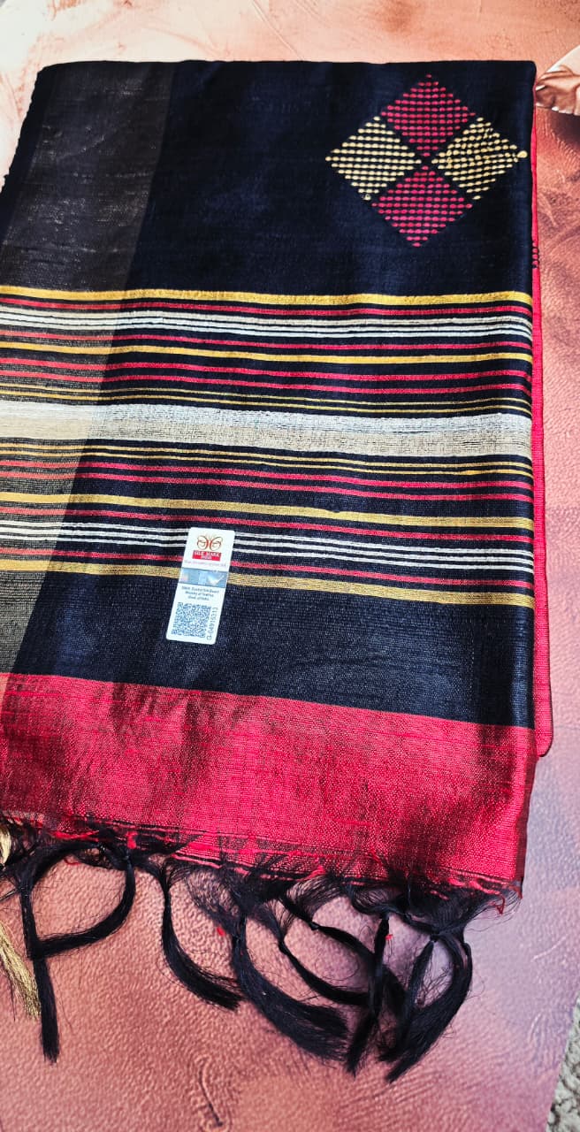 Handloom Silk Saree in Rich Red & Black with Intricate Hand Thread Work