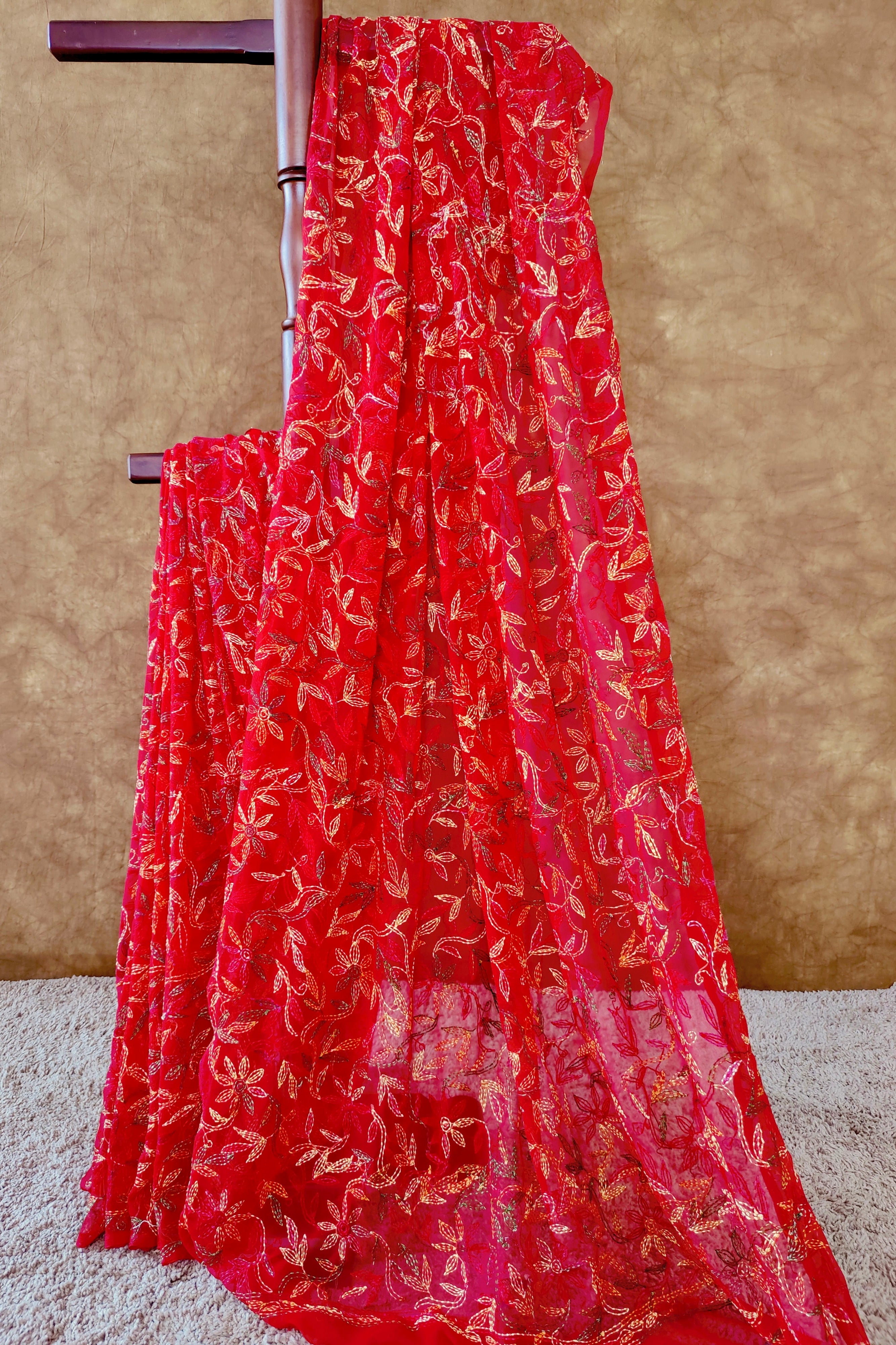 Red Chiffon Saree with Multi-colour Tepchi Chikankari