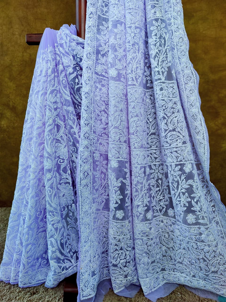 Lavender Chiffon Chikankari Saree with Full Jaal White Thread Work