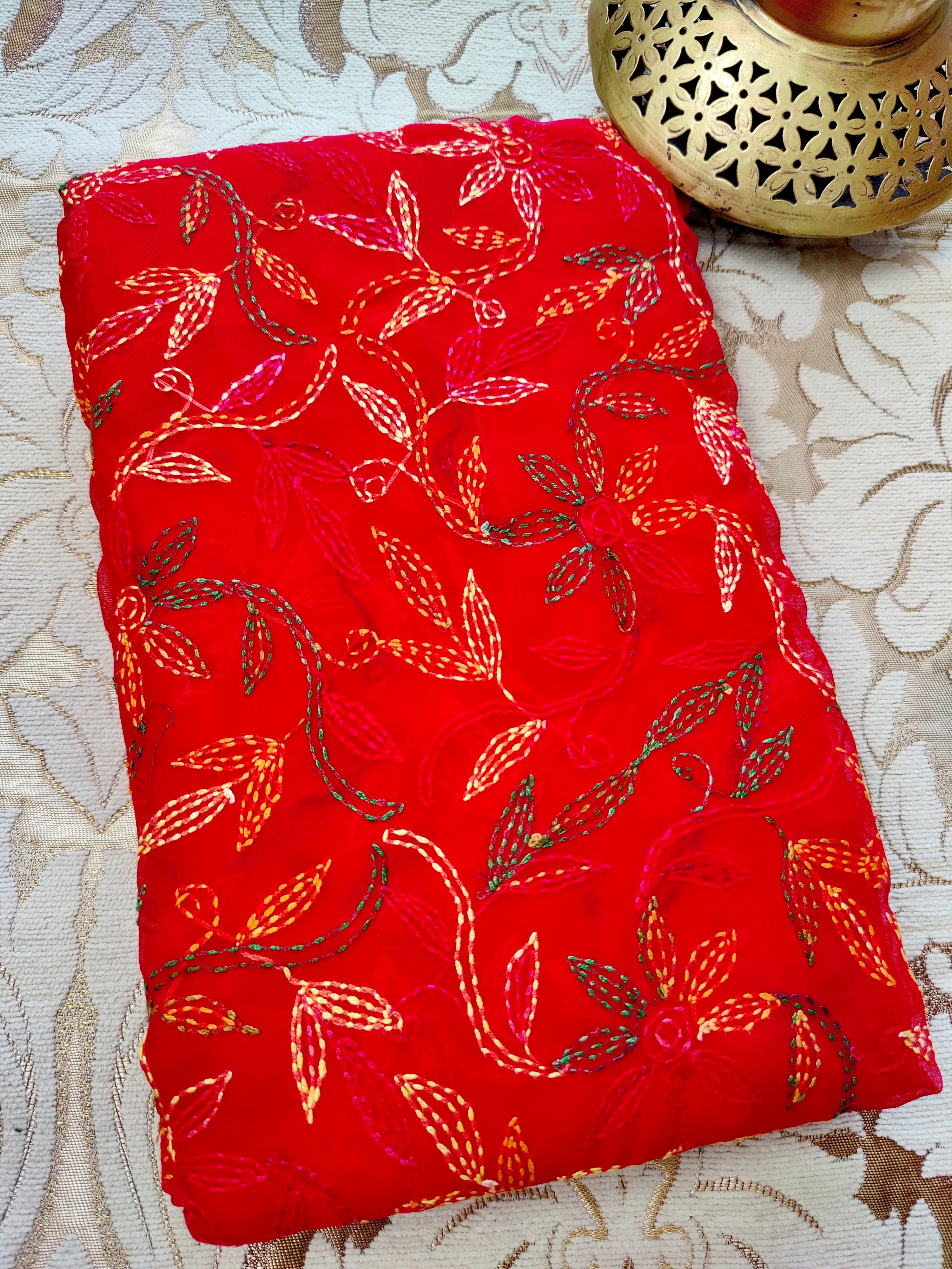 Red Chiffon Saree with Multi-colour Tepchi Chikankari