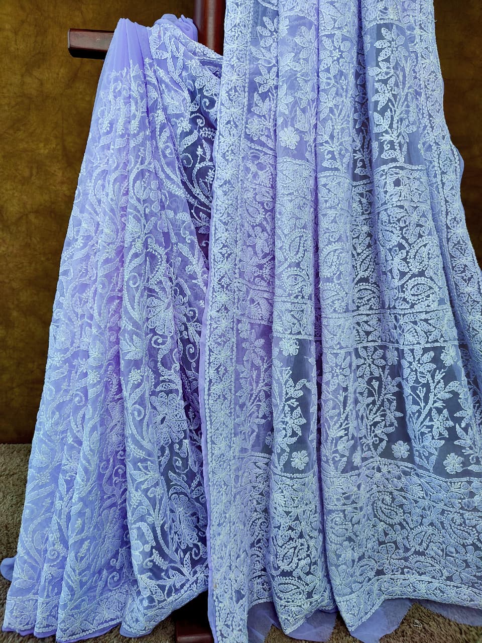 Lavender Chiffon Chikankari Saree with Full Jaal White Thread Work
