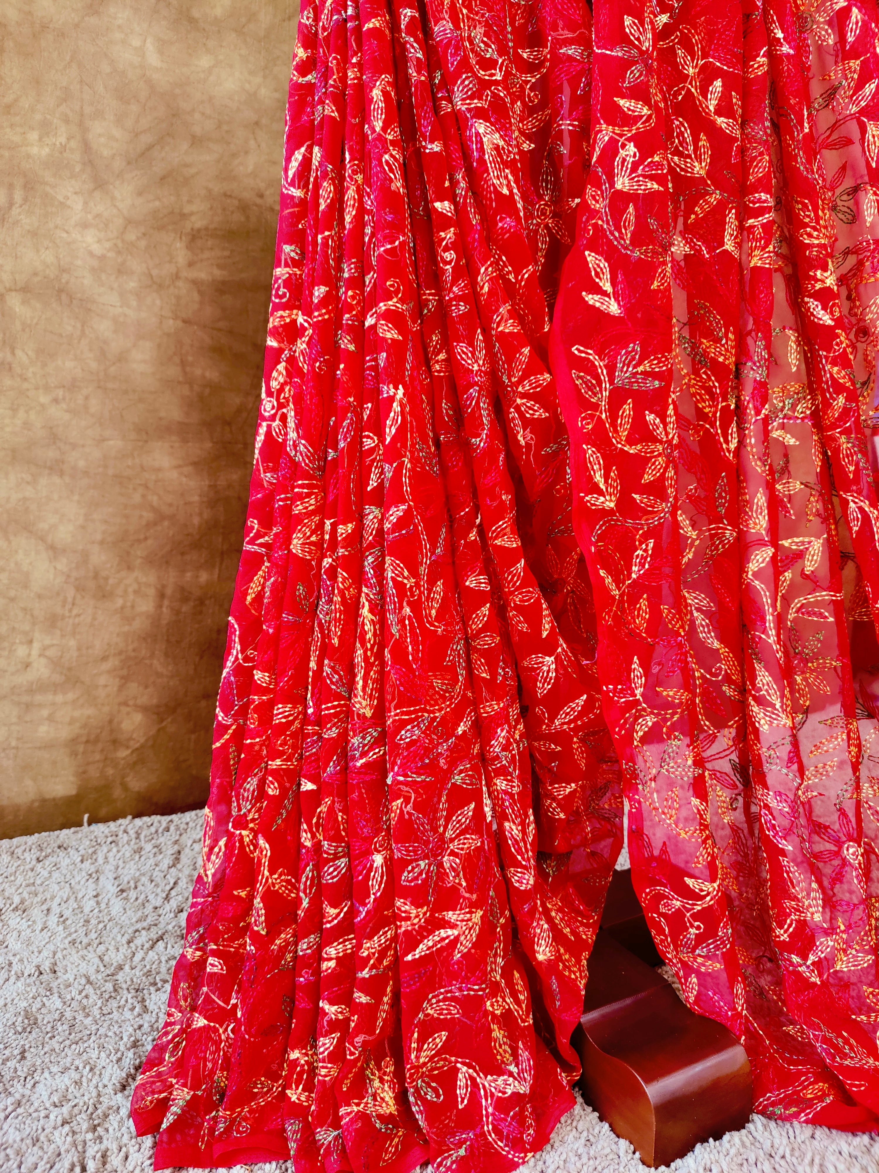 Red Chiffon Saree with Multi-colour Tepchi Chikankari