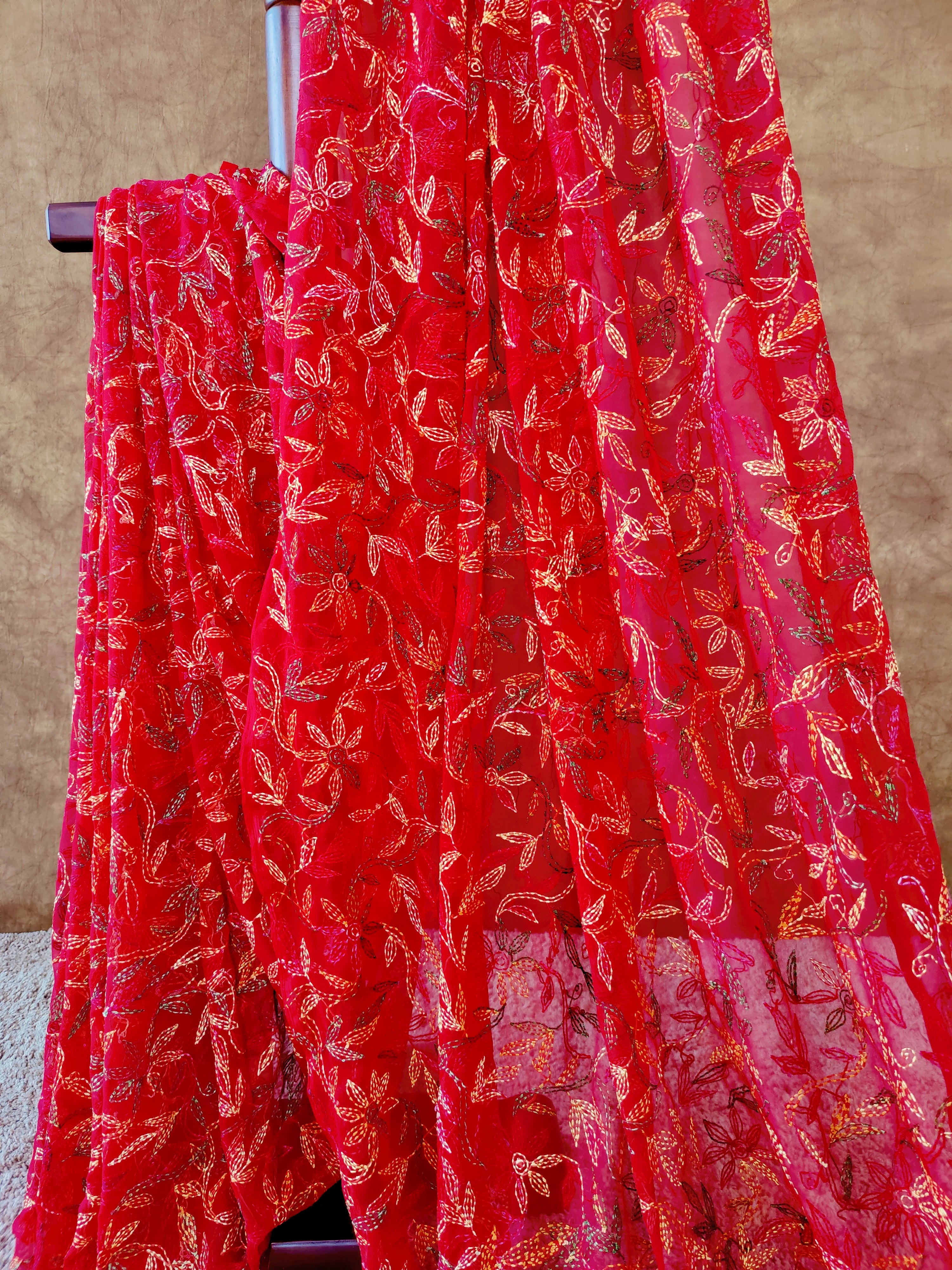 Red Chiffon Saree with Multi-colour Tepchi Chikankari
