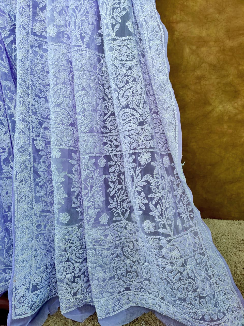 Lavender Chiffon Chikankari Saree with Full Jaal White Thread Work