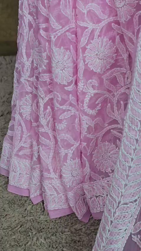 Blush Pink — Handcrafted Lucknowi Chikankari Chiffon Saree