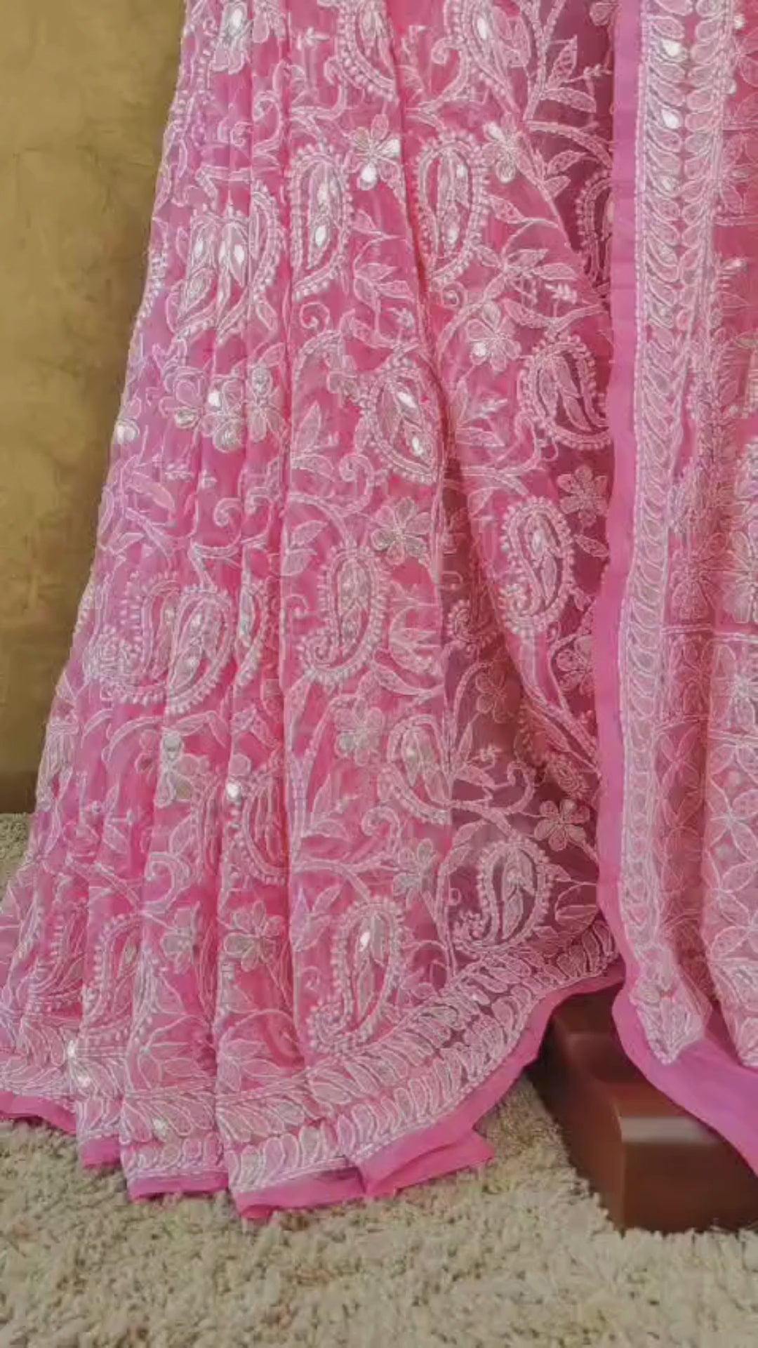 Pink Chiffon Lucknowi Chikankari Saree - Full Jaal with Gota Patti work