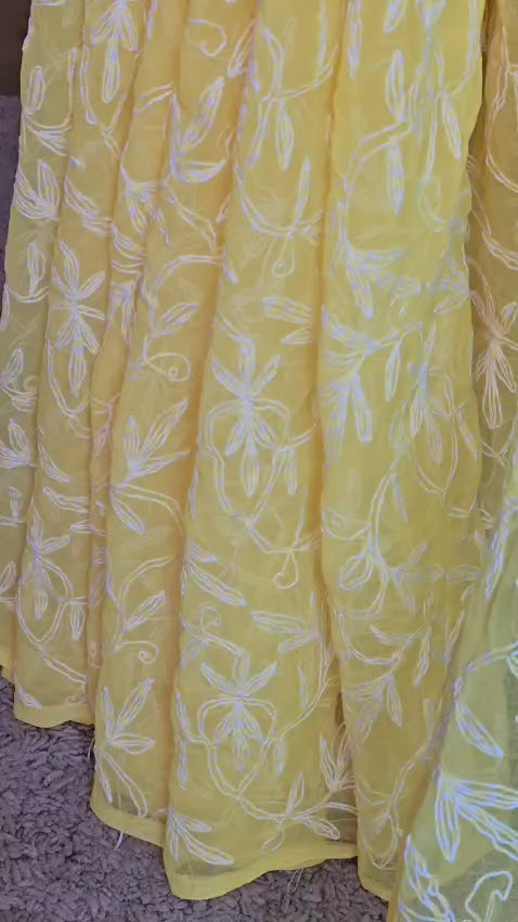 Canary Yellow Chiffon Tepchi Chikankari Saree