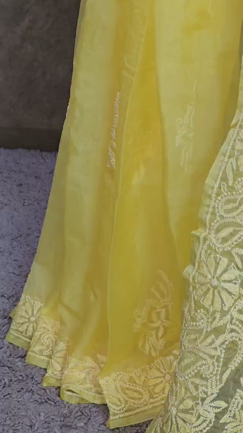 Soft Marigold Yellow Organza Chikankari Saree with Resham Thread work