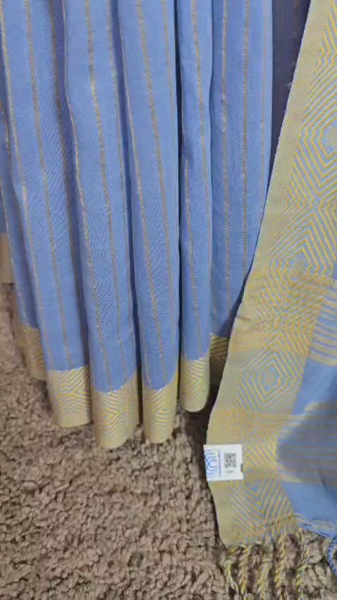 Sky Blue Handloom Cotton Saree with Subtle Stripes and Contrast Border