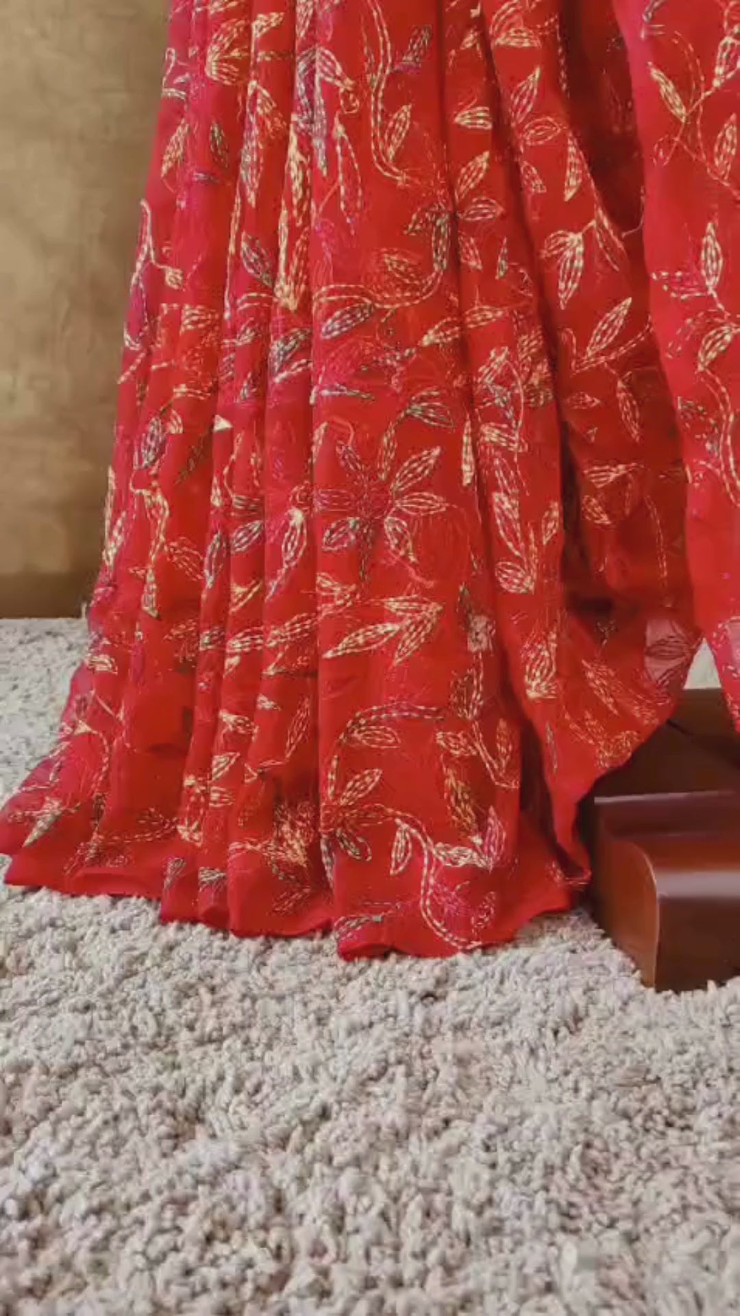 Red Chiffon Saree with Multi-colour Tepchi Chikankari