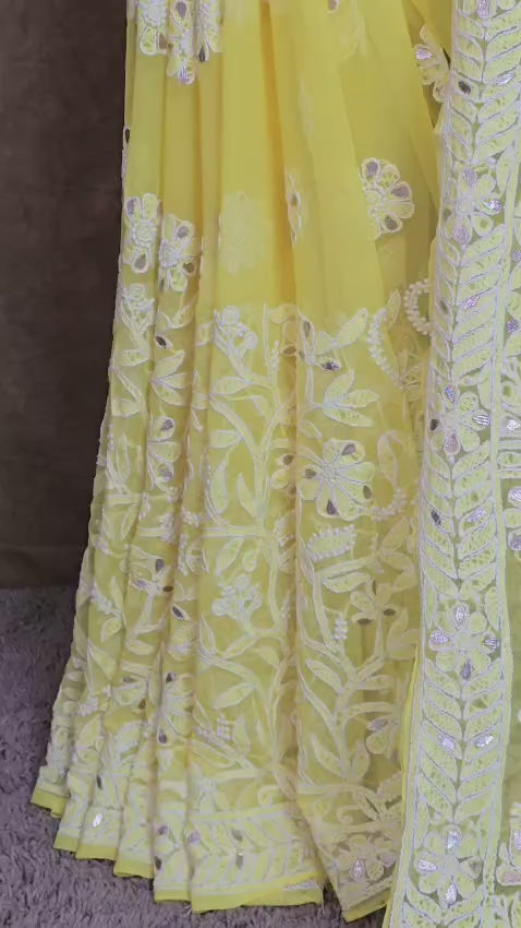 Yellow Chiffon Chikankari Saree Gota Patti Work Video
