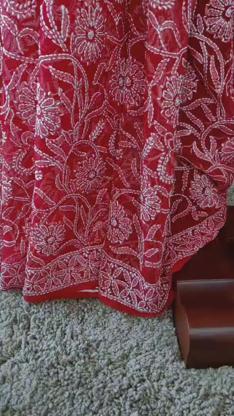 Elegant Red Chiffon Saree with White Thread Motifs – Perfect for Parties & Festivals