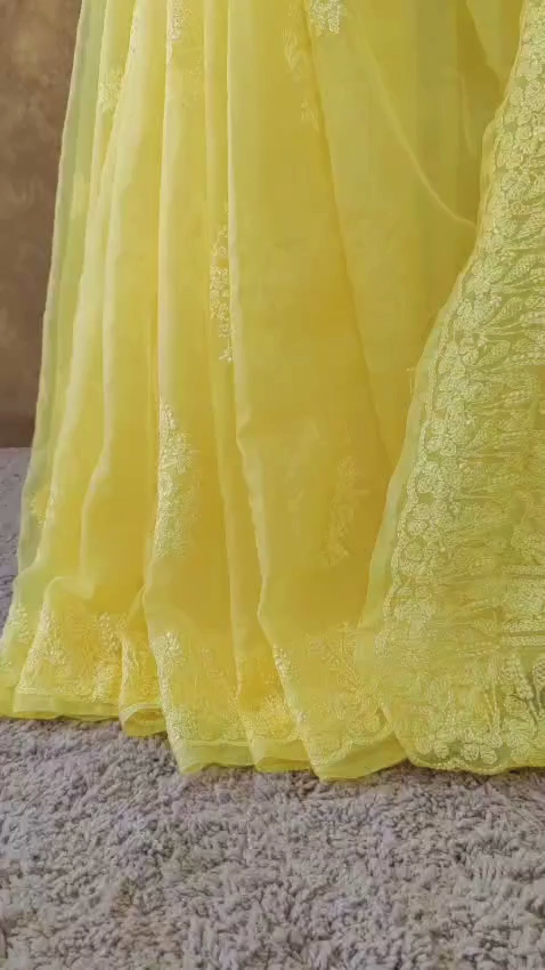 Vibrant Yellow Organza Chikankari Saree with Resham Thread & Detailed Pallu