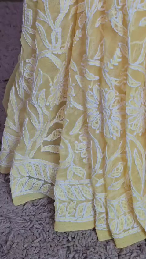 Pollen Yellow Chiffon Saree with Full Jaal Chikankari