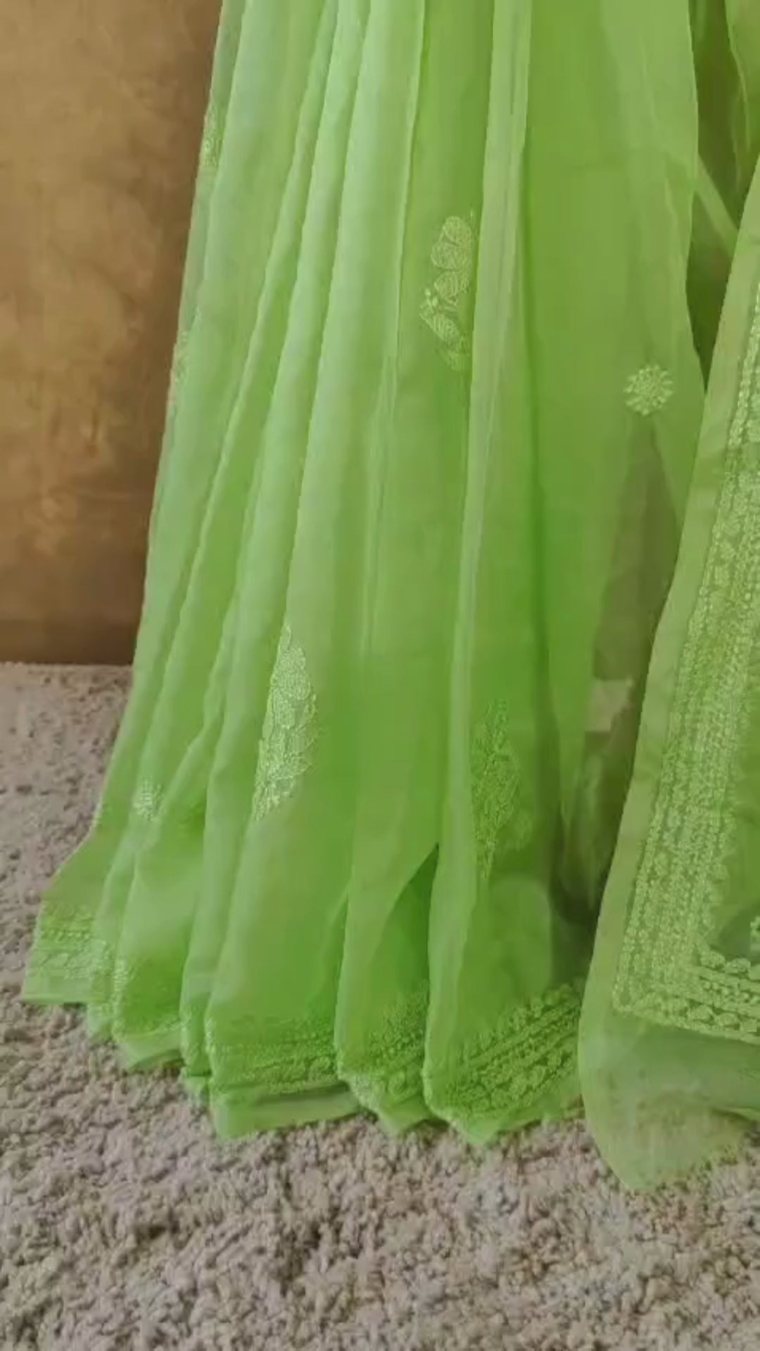 Trendy Green Organza Chikankari Saree with Resham Thread Work