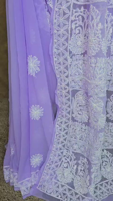 Lavender Chiffon Chikankari Saree - Video