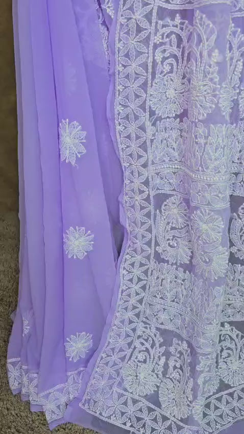 Lavender Chiffon Chikankari Saree - Video