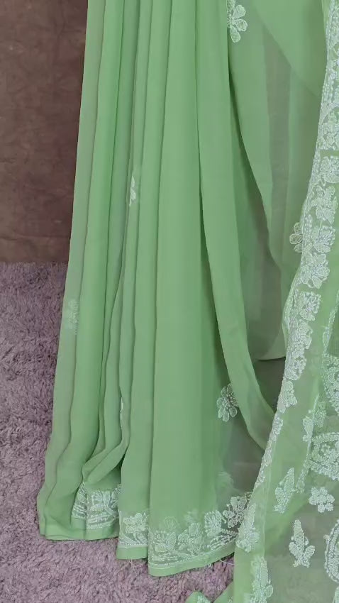 Spring Meadow Green Chiffon Saree with Resham Thread Chikankari