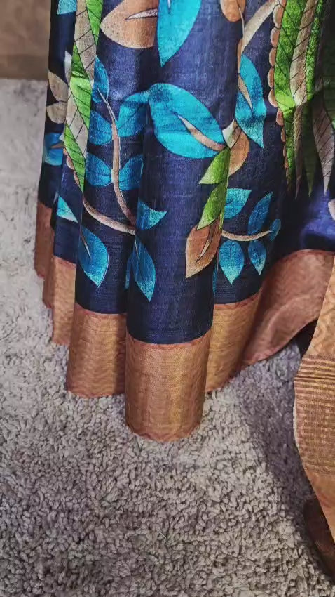 Handloom Silk Kalamkari Saree in Deep Navy & Earthy Tones – Artistic, Bold & Stylish