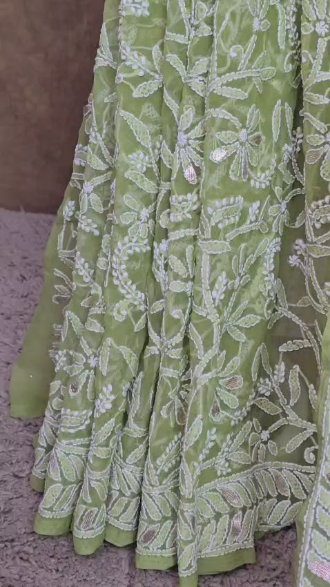 Royal Mehndi Green Chiffon Chikankari Saree with Exquisite Gota Patti Embellishments