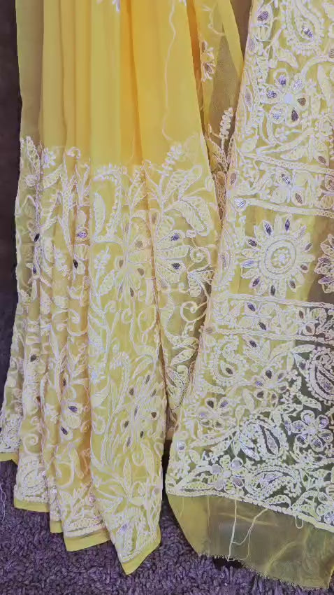 Yellow Chiffon Lucknowi Chikankari Saree - Hastweave