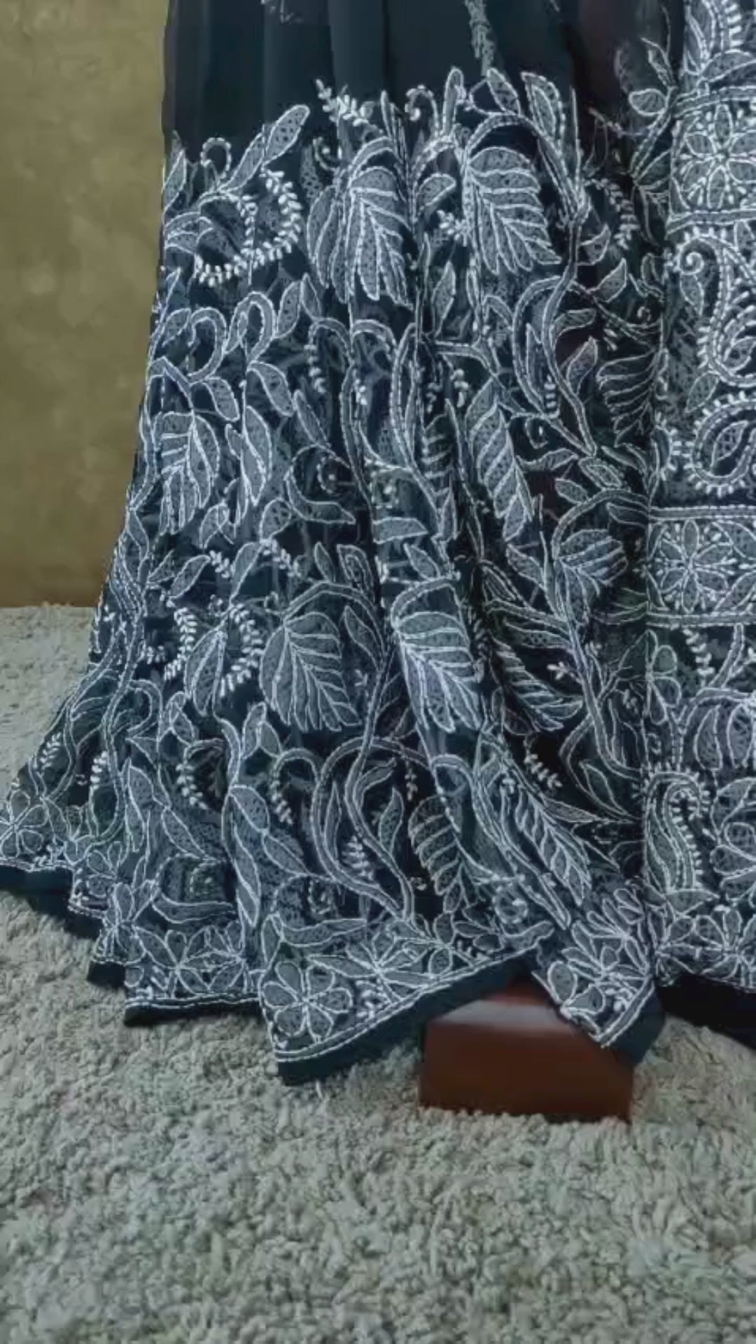 Black Chiffon Saree with White Chikankari Thread Work