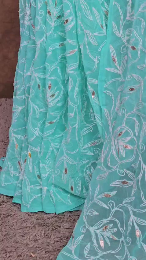 Light Jade Green - Tepchi Chikankari Chiffon Saree with Gota Patti