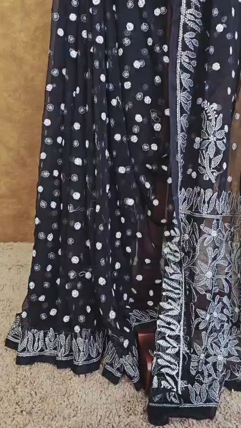 Black Chiffon Saree with White Chikankari Resham Work