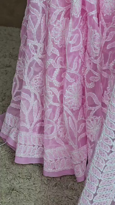 Baby Pink Full Jaal Lucknowi Chikankari Chiffon Saree