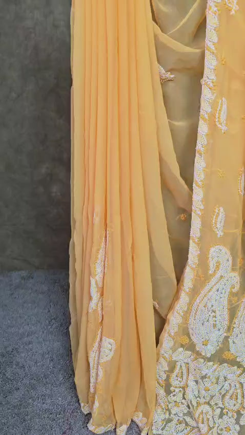 Orange Chiffon Saree with Chikankari Embroidery