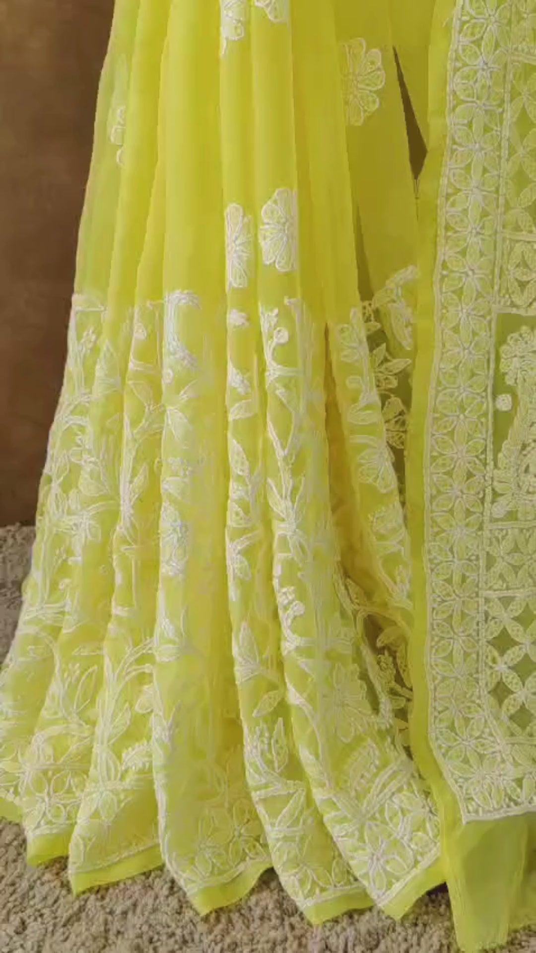 Yellow Chiffon Lucknowi Chikankari Saree with White Thread Work