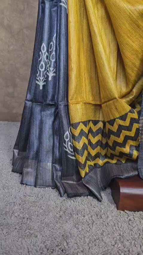 Handloom Silk Saree in Charcoal Grey & Mustard – Modern Ethnic Charm