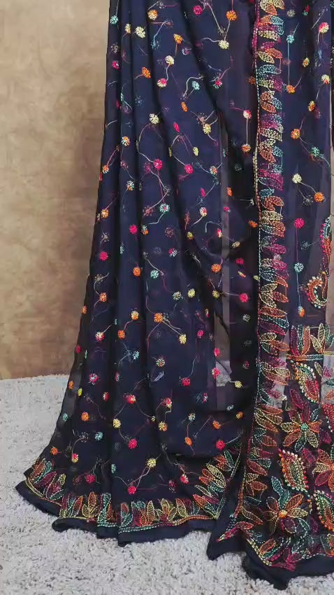 Black Saree with Multi-Thread Chikankari - Video