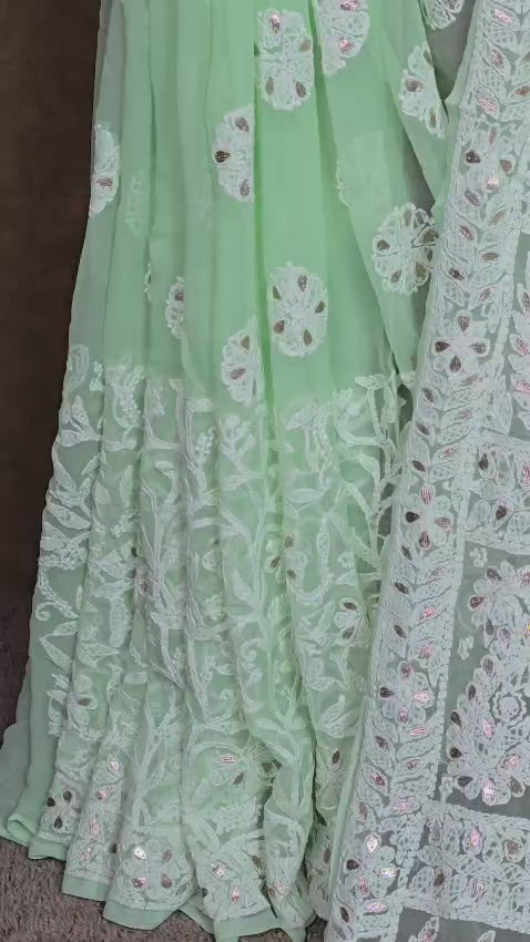 Celadon Green Chiffon Chikankari Saree with Gota Patti