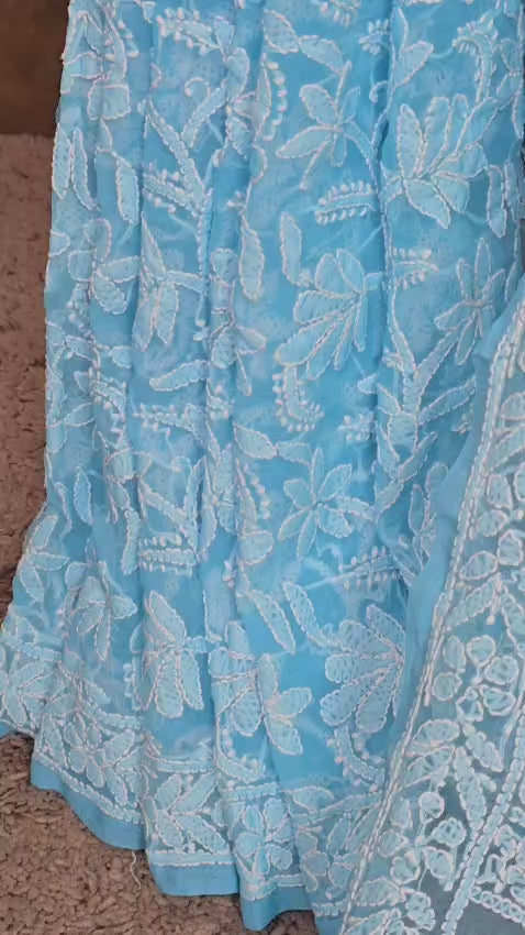 Skyfall Blue Handcrafted Lucknowi Chikankari Chiffon Saree