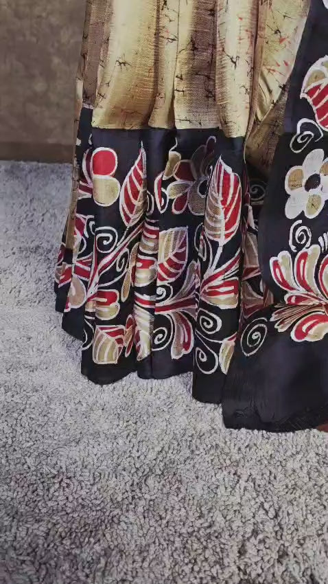 Handloom Silk with Hand Painted Batik Print Saree - Black & Beige Fusion