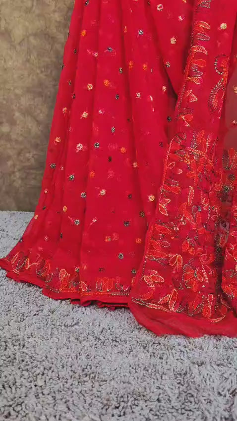 Red Chiffon Saree with Multi-Colour Resham Chikankari